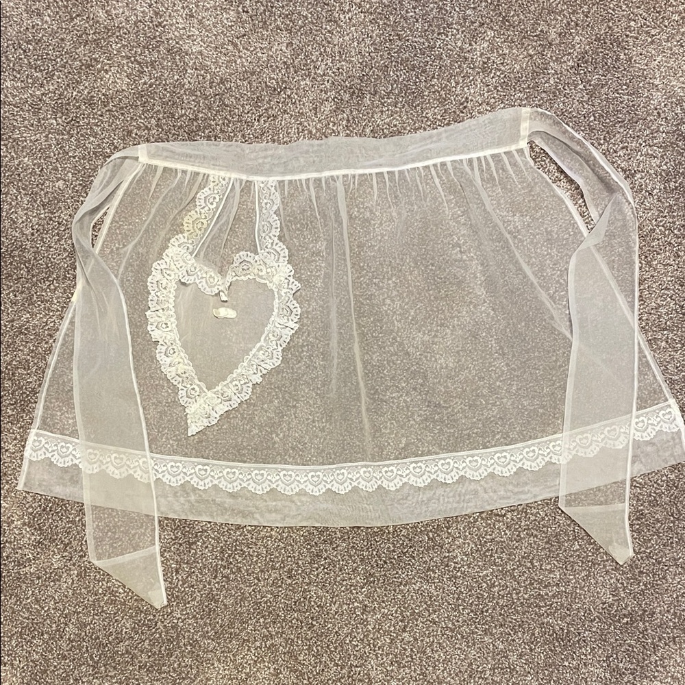 Sheer White Lace Half Apron with Heart Accent Vintage